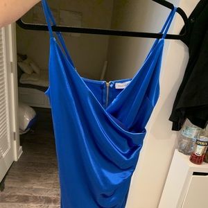 Blue, satin, skinny strap, mini. Gold back zipper